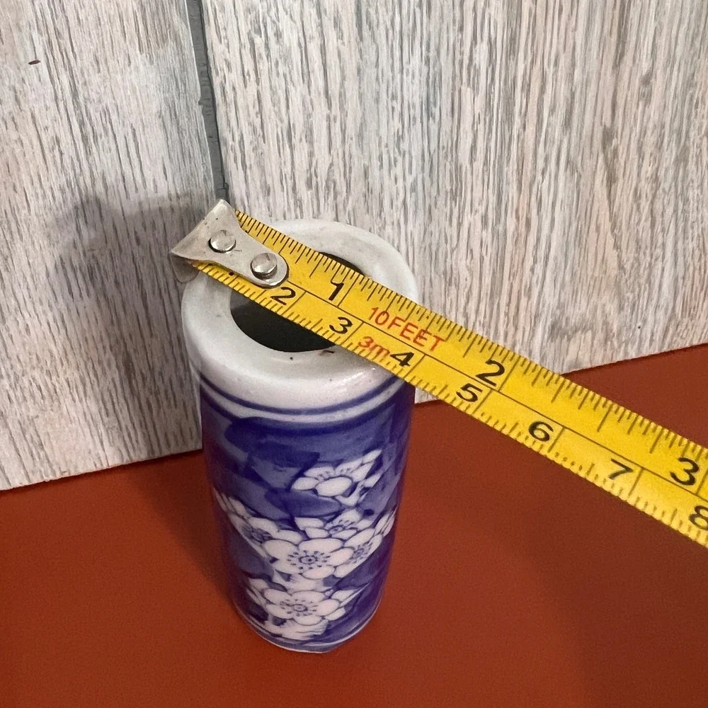 Vintage Blue and White Porcelain Bud Vase Floral Cherry Blossom Cylinder 4.25in